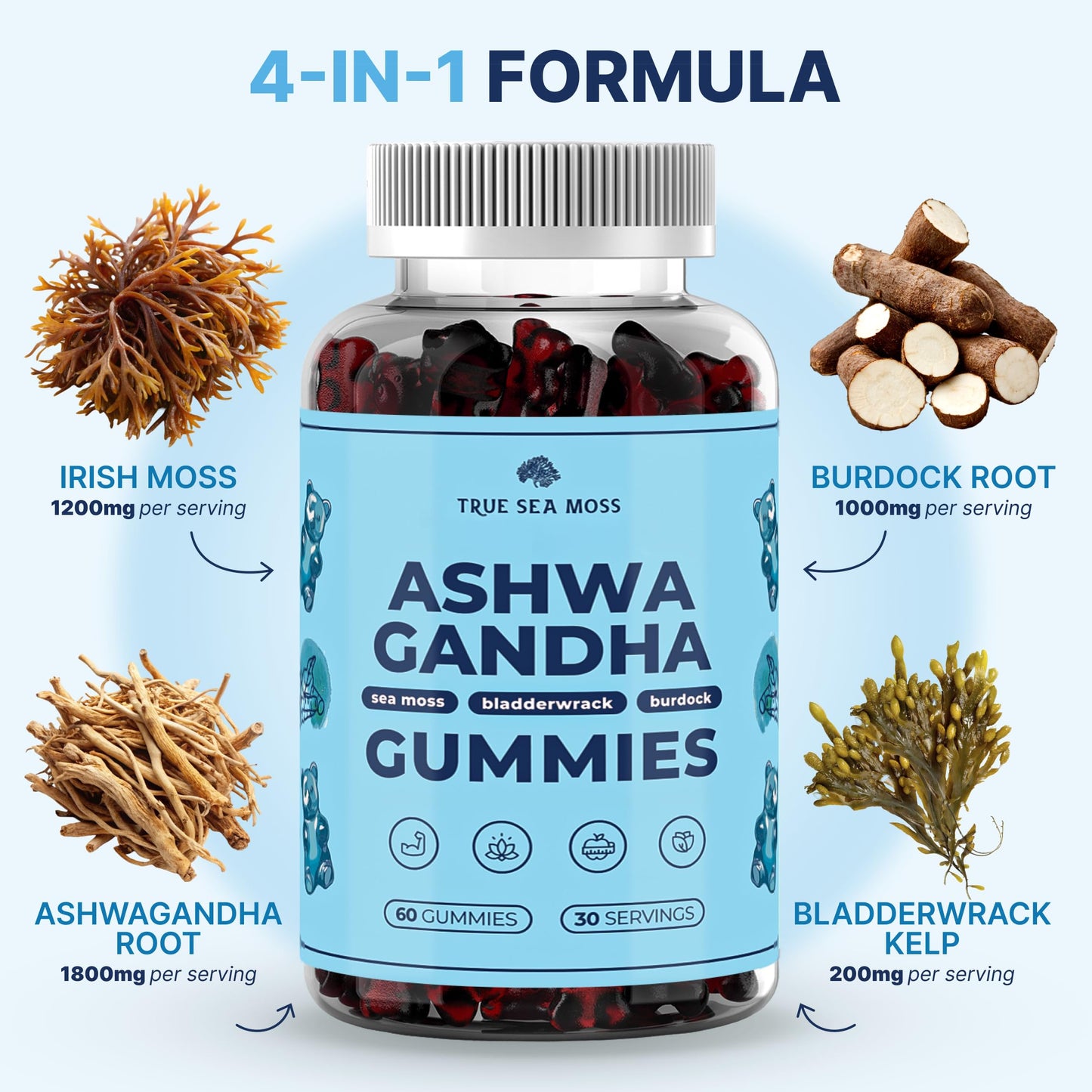 TrueSeaMoss Sea Moss Gummies with Ashwagandha – 1200mg/Serving, Vegan, Non-GMO, Made in USA, 60 Gummies