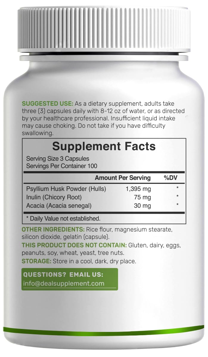 Psyllium Husk 1500mg Per Serving – 300 Capsules | 3-in-1 Fiber with Inulin & Acacia – Plant-Based, Non-GMO