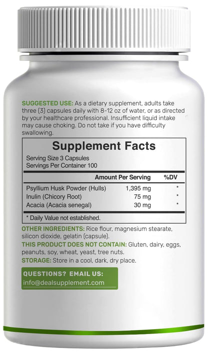 Psyllium Husk 1500mg Per Serving – 300 Capsules | 3-in-1 Fiber with Inulin & Acacia – Plant-Based, Non-GMO