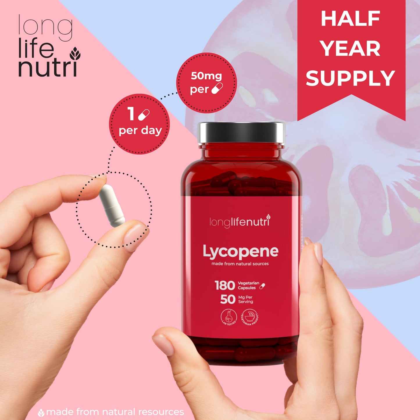 Lycopene 50mg 180 Vegetarian Capsules - Non-GMO Tomato Extract | LongLifeNutri