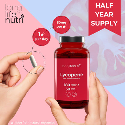 Lycopene 50mg 180 Vegetarian Capsules - Non-GMO Tomato Extract | LongLifeNutri
