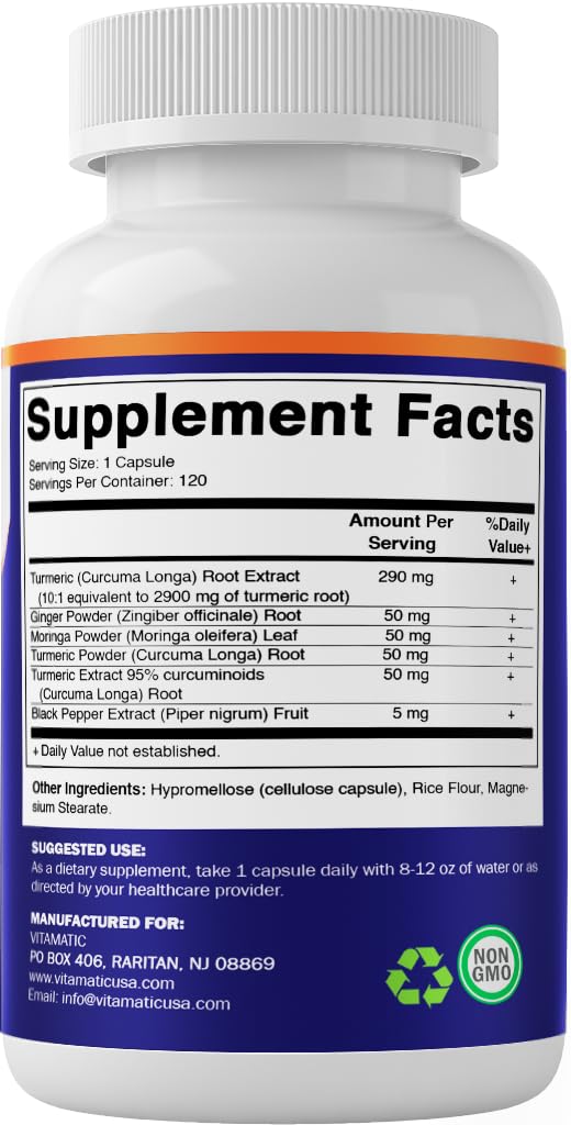 Vitamatic Turmeric Curcumin Supplement – 10:1, 3000 mg/Serving, 95% Curcuminoids, Black Pepper, Ginger, Moringa | 120 Veg Capsules
