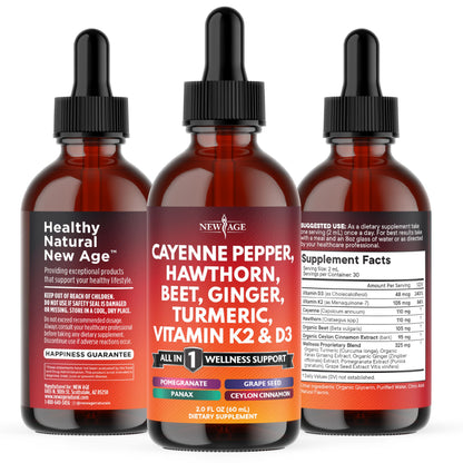Cayenne Pepper Liquid Drops with Hawthorn Berry, D3 K2, Beet Root Powder, Cinnamon, Turmeric & Ginseng - 2oz