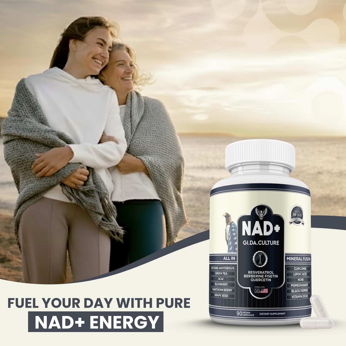 GI.DA. Culture NAD+ NMN Capsules with Resveratrol – USA Made, 90 Count, Energy & Healthy Aging