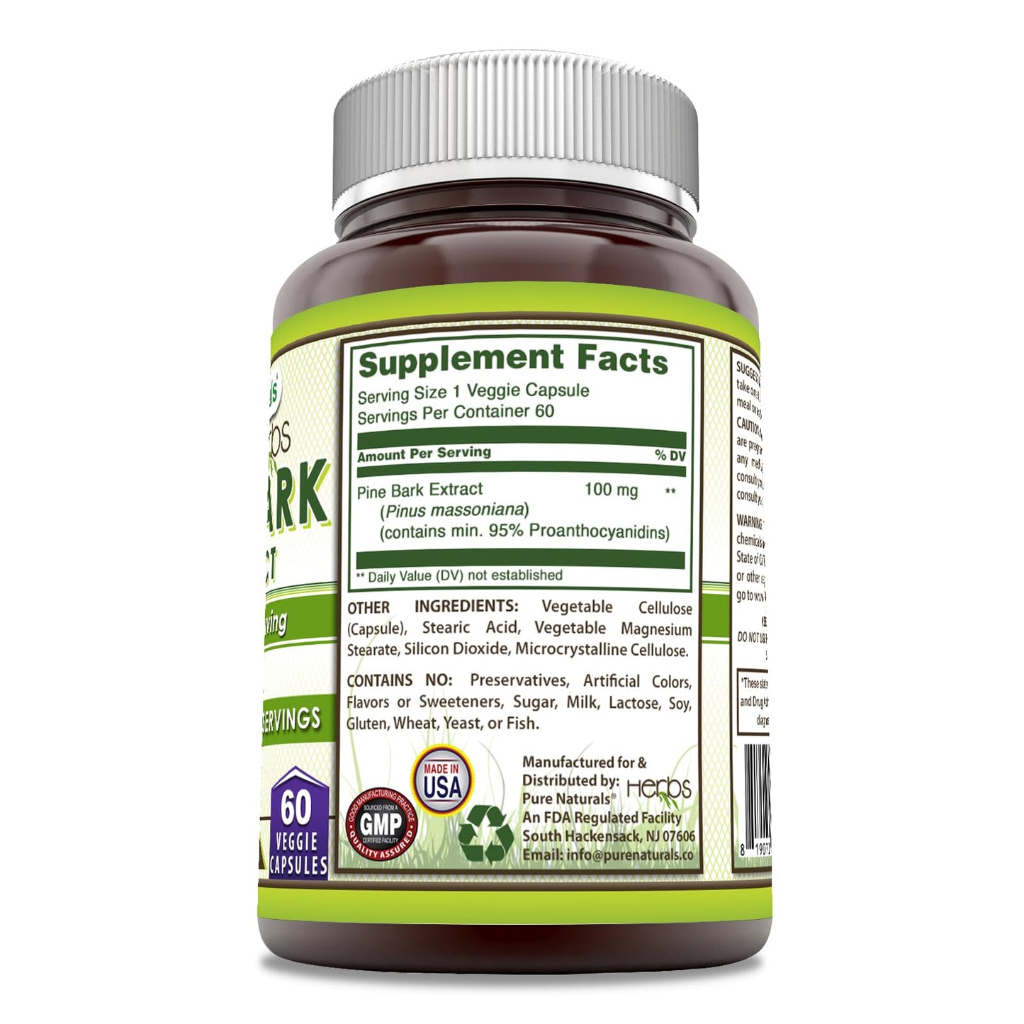 Pure Naturals Pine Bark Extract 100 mg – 60 Veggie Capsules | Non-GMO, Gluten Free | USA Made