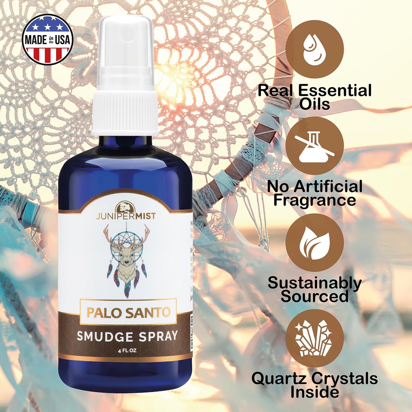 Palo Santo & Sage Smudge Spray (4oz) – Grounding & Clarity | Smokeless Sage Mist – Crystal Infused, USA Made