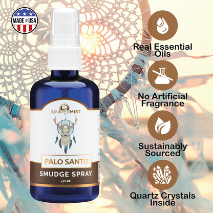 Palo Santo & Sage Smudge Spray (4oz) – Grounding & Clarity | Smokeless Sage Mist – Crystal Infused, USA Made