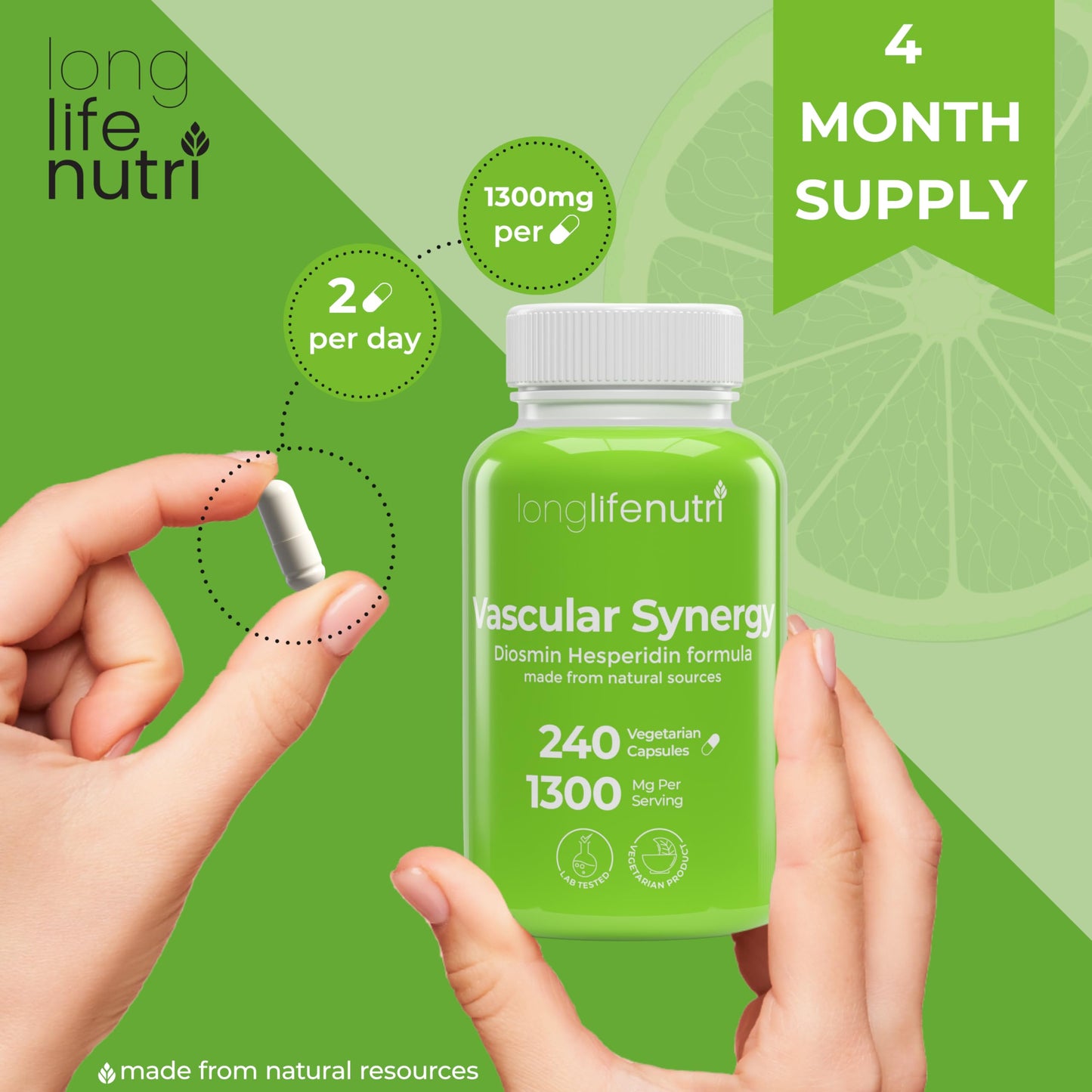 LongLifeNutri Diosmin Hesperidin Complex – Vein Health & Circulation Support, 240 Capsules (4-Month Supply) – Made in USA