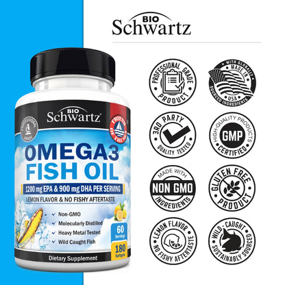 Triple Strength Omega-3 Fish Oil 2250mg EPA/DHA - Burpless Lemon, 180 Softgels