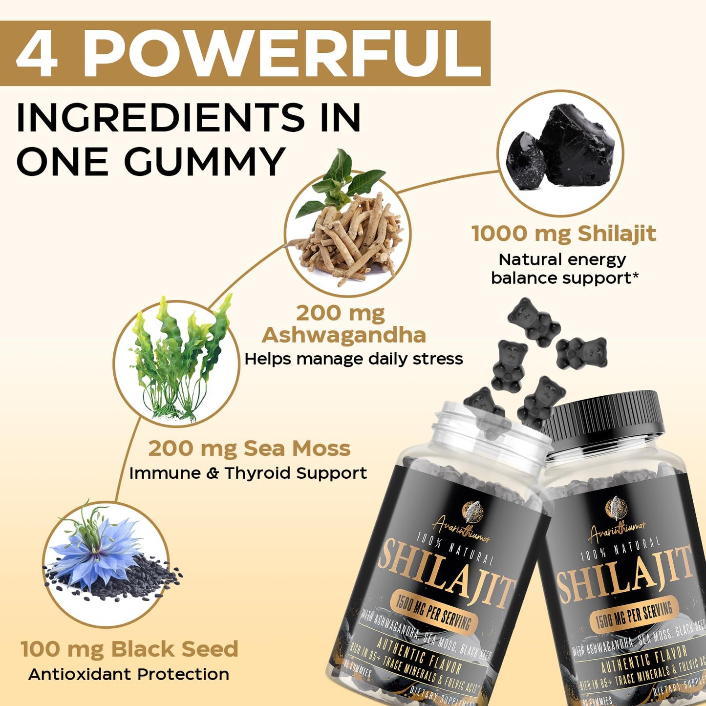 1500MG Shilajit Gummies – 4-in-1 with Ashwagandha, Sea Moss, Black Seed | Energy & Immunity | 60 Gummies