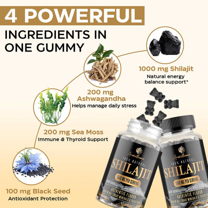 1500MG Shilajit Gummies – 4-in-1 with Ashwagandha, Sea Moss, Black Seed | Energy & Immunity | 60 Gummies