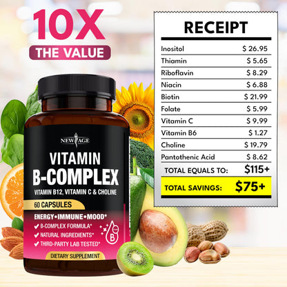 Vitamin B Complex for Men & Women – Made in USA | B-Complex with B1–B12, Vitamin C, Choline & Inositol – 60 Vegan Capsules