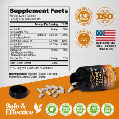 Vitamin D3 10000 IU + K2 MK-7 (120 caps) – Immune & Bone Support
