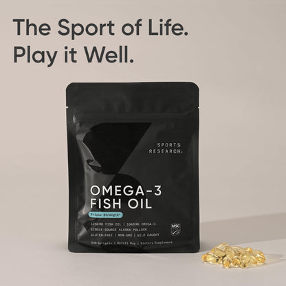 Sports Research Triple Strength Omega-3 Fish Oil - Burpless 1250 mg, 240 Softgels | Wild Alaska Pollock, EPA & DHA