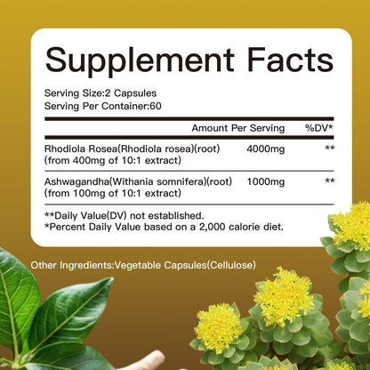 4000MG Rhodiola Rosea with Ashwagandha – Organic Adaptogen for Clarity & Vitality | 120 Capsules