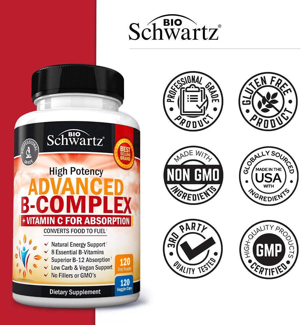 Vitamin B Complex with Vitamin C for Maximum Absorption - Methylcobalamin B12 & Folate - 120 Count