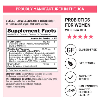 NatureWise Probiotics for Women + Organic Prebiotics, D-Mannose & Cranberry – Vaginal pH Balance, Digestive & Urinary Health | 18 Strains, 20 Billion CFU, 60 Capsules (60-Day Supply)