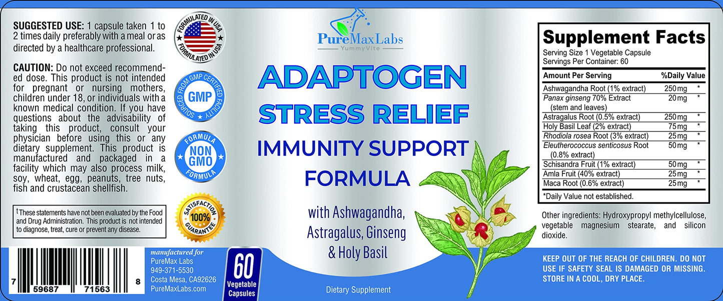 Adaptogen Stress Relief Immune Support Formula - Ashwagandha, Ginseng & 9 Herbs, 60 Capsules (Pack of 2)