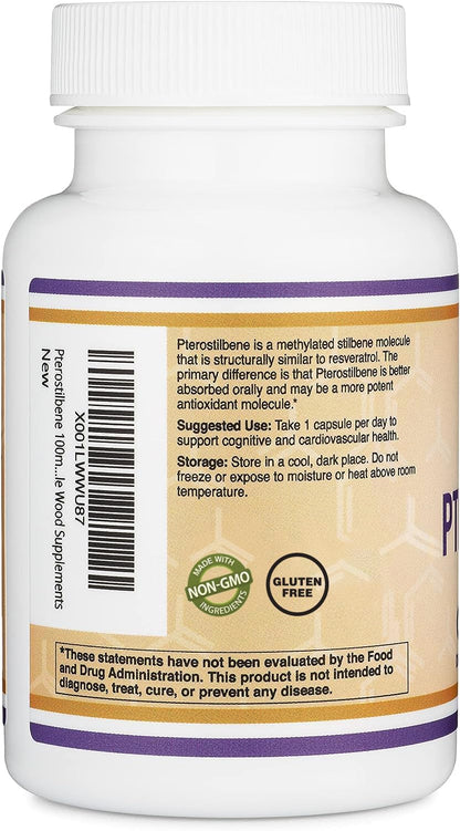Pterostilbene 100mg Capsules – 60 Count | Non-GMO, Gluten Free | Third-Party Tested | Double Wood