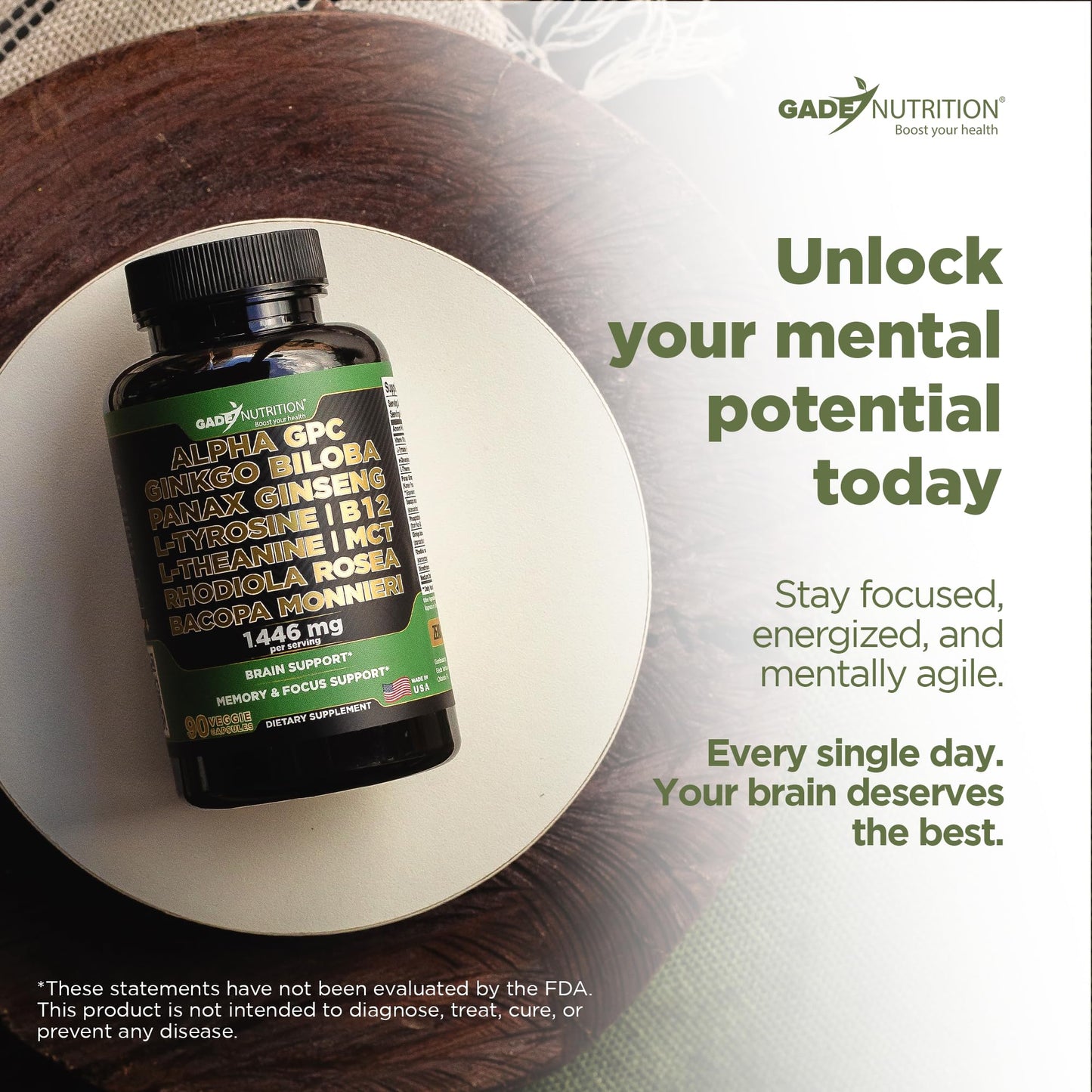 Gade Nutrition Alpha GPC + Ginkgo Biloba + Panax Ginseng + L-Tyrosine, L-Theanine, Bacopa Monnieri, Rhodiola Rosea, B12, MCT
