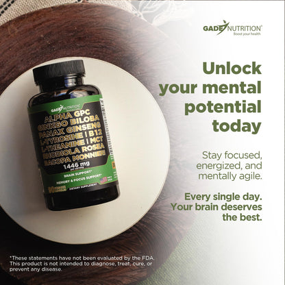 Gade Nutrition Alpha GPC + Ginkgo Biloba + Panax Ginseng + L-Tyrosine, L-Theanine, Bacopa Monnieri, Rhodiola Rosea, B12, MCT