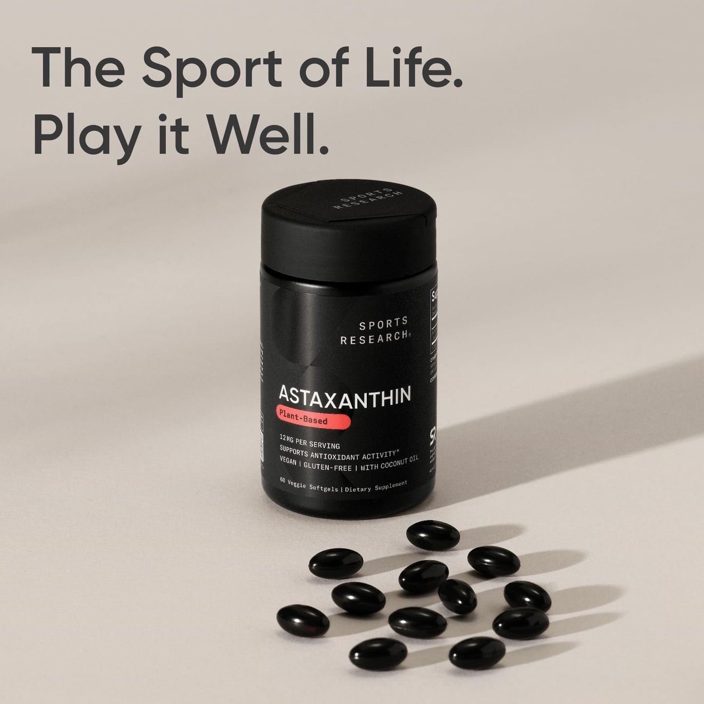 Sports Research Triple Strength Vegan Astaxanthin 12mg - Algae-Based, Non-GMO, 60 Softgels