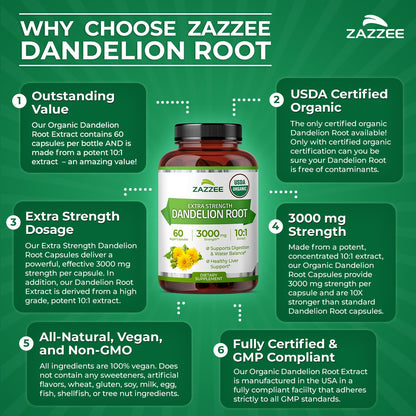 Zazzee Organic Dandelion Root 10:1 Extract - 3000 mg, 60 Capsules, 2-Month Supply