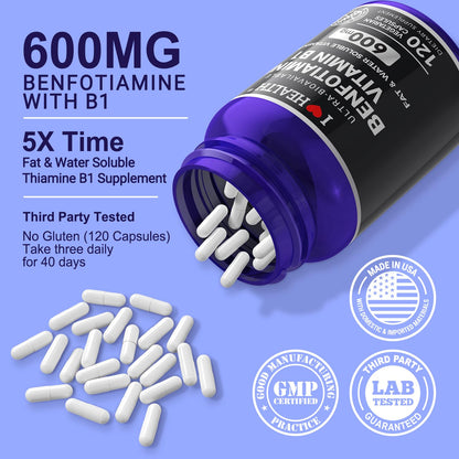 Benfotiamine 600mg + 20mg Vitamin B1 – 120 Veggie Capsules | Made in USA | 3rd-Party Tested