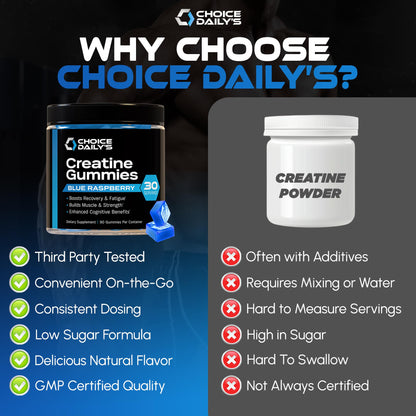 CHOICE DAILY’S Creatine Gummies - 90 Vegan Friendly Chews (Blue Raspberry) - USA Made - Muscle, Recovery & Cognitive Support