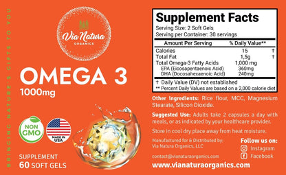 Via Natura Organics Omega 3 1000mg | EPA & DHA | 60 Softgels | Non-GMO