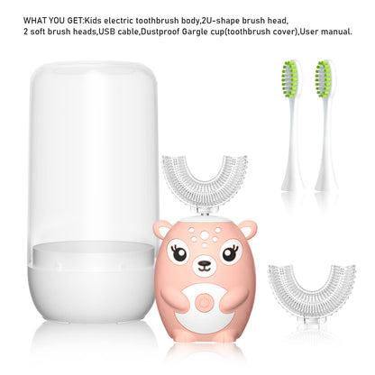 Kids U-Shaped Sonic Electric Toothbrush — Automatic, 6 Modes, 4 Heads, Cartoon Deer Design