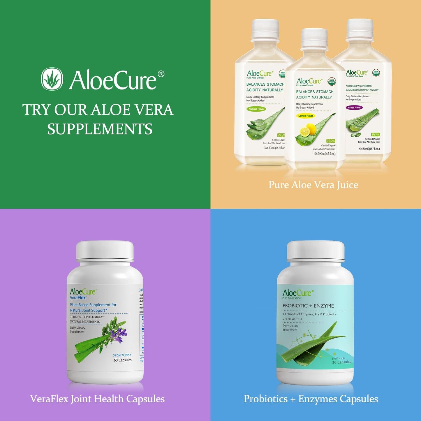 AloeCure USDA Organic Aloe Vera Juice - Grape Flavor, 16.7oz