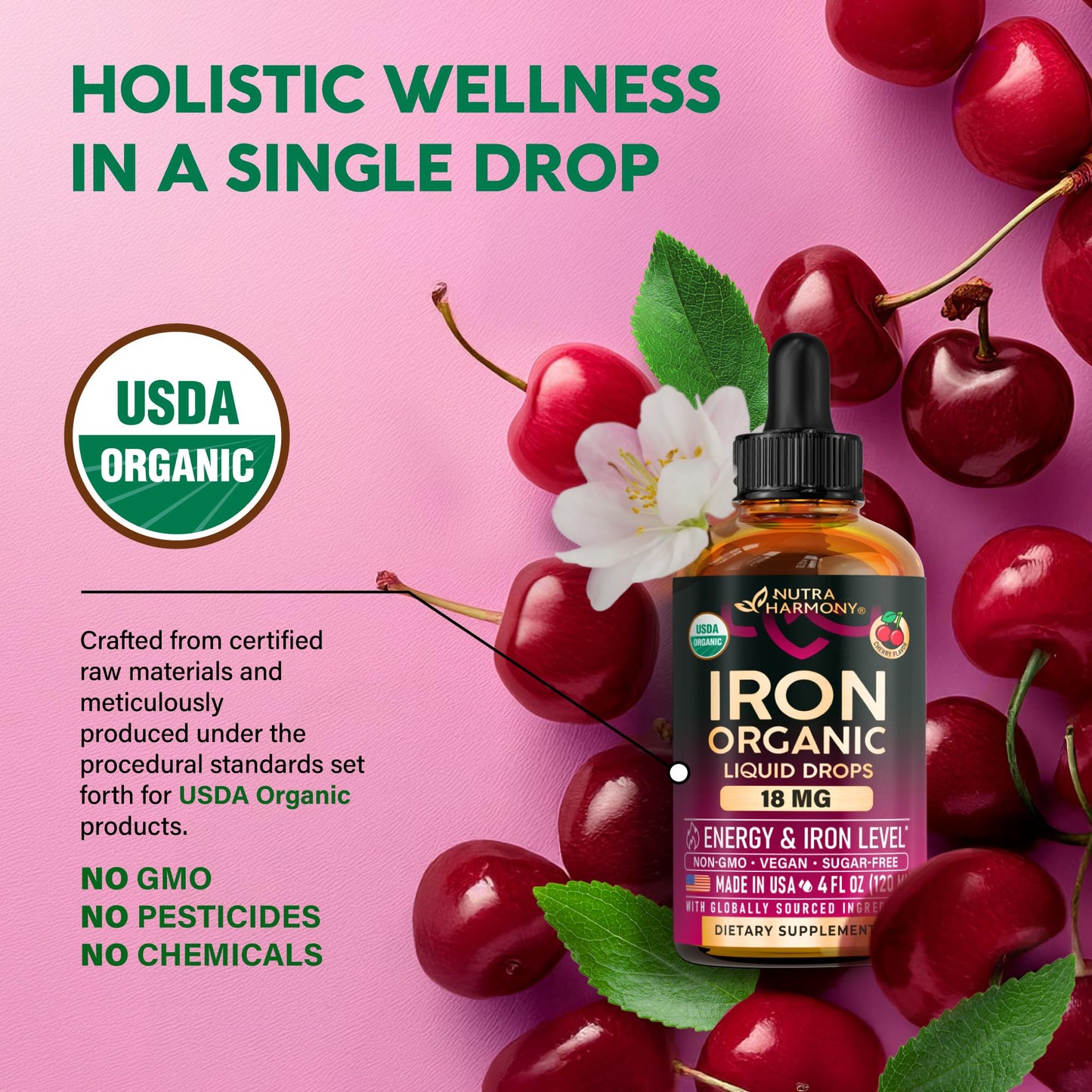 Liquid Iron Drops for Women 18 mg – USDA Organic, USA-Made, Cherry Flavor