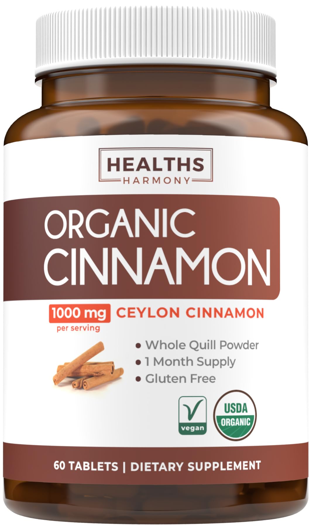 USDA Organic Ceylon Cinnamon Pills – 1000mg per Serving, Vegan & Non-GMO