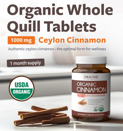 USDA Organic Ceylon Cinnamon Pills – 1000mg per Serving, Vegan & Non-GMO