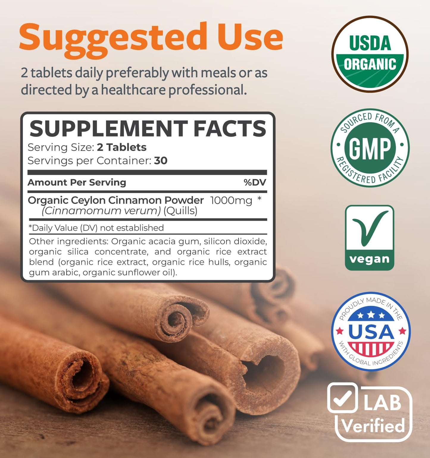 USDA Organic Ceylon Cinnamon Pills – 1000mg per Serving, Vegan & Non-GMO