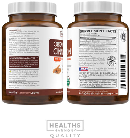 USDA Organic Ceylon Cinnamon Pills – 1000mg per Serving, Vegan & Non-GMO