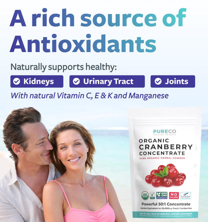 USDA Organic Cranberry Concentrate Powder (50:1) 500mg - 25,000mg Fresh Cranberries Equivalent | Kidney & Urinary Health | Women Supplement | 100 Servings