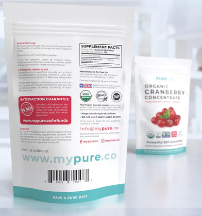 USDA Organic Cranberry Concentrate Powder (50:1) 500mg - 25,000mg Fresh Cranberries Equivalent | Kidney & Urinary Health | Women Supplement | 100 Servings