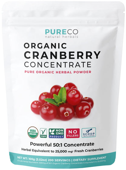 USDA Organic Cranberry Powder - 50:1 Concentrate for Urinary Tract Health (Vegan, Non-GMO, Filler Free) - 200 Servings