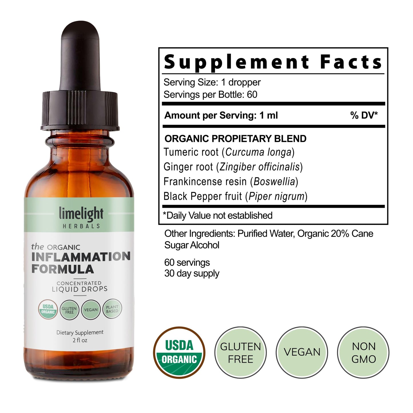 USDA Organic Inflammation Support – Turmeric Curcumin, Boswellia, Ginger Drops