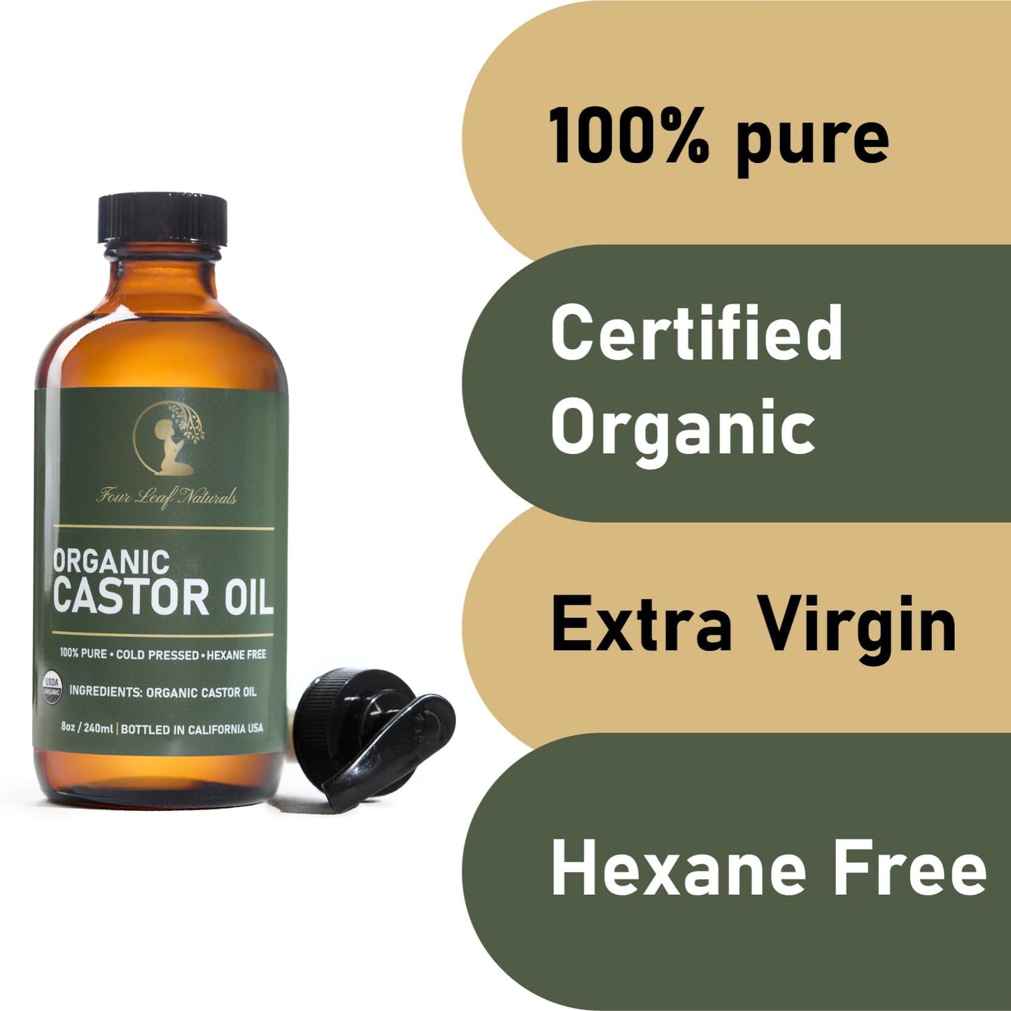 Four Leaf Naturals Organic Unrefined Castor Oil - 8 oz | USDA Certified | Cold-Pressed