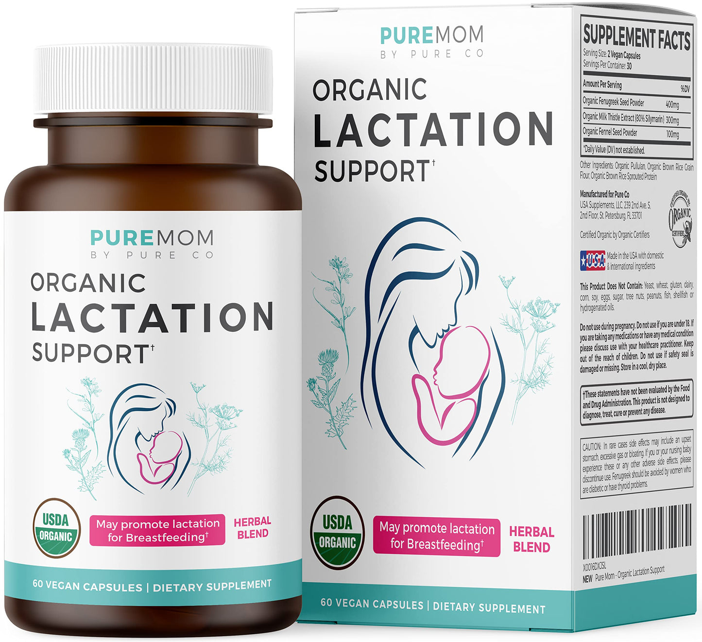 USDA Organic Lactation Supplement - Fenugreek, Fennel & Milk Thistle | 60 Vegan Capsules