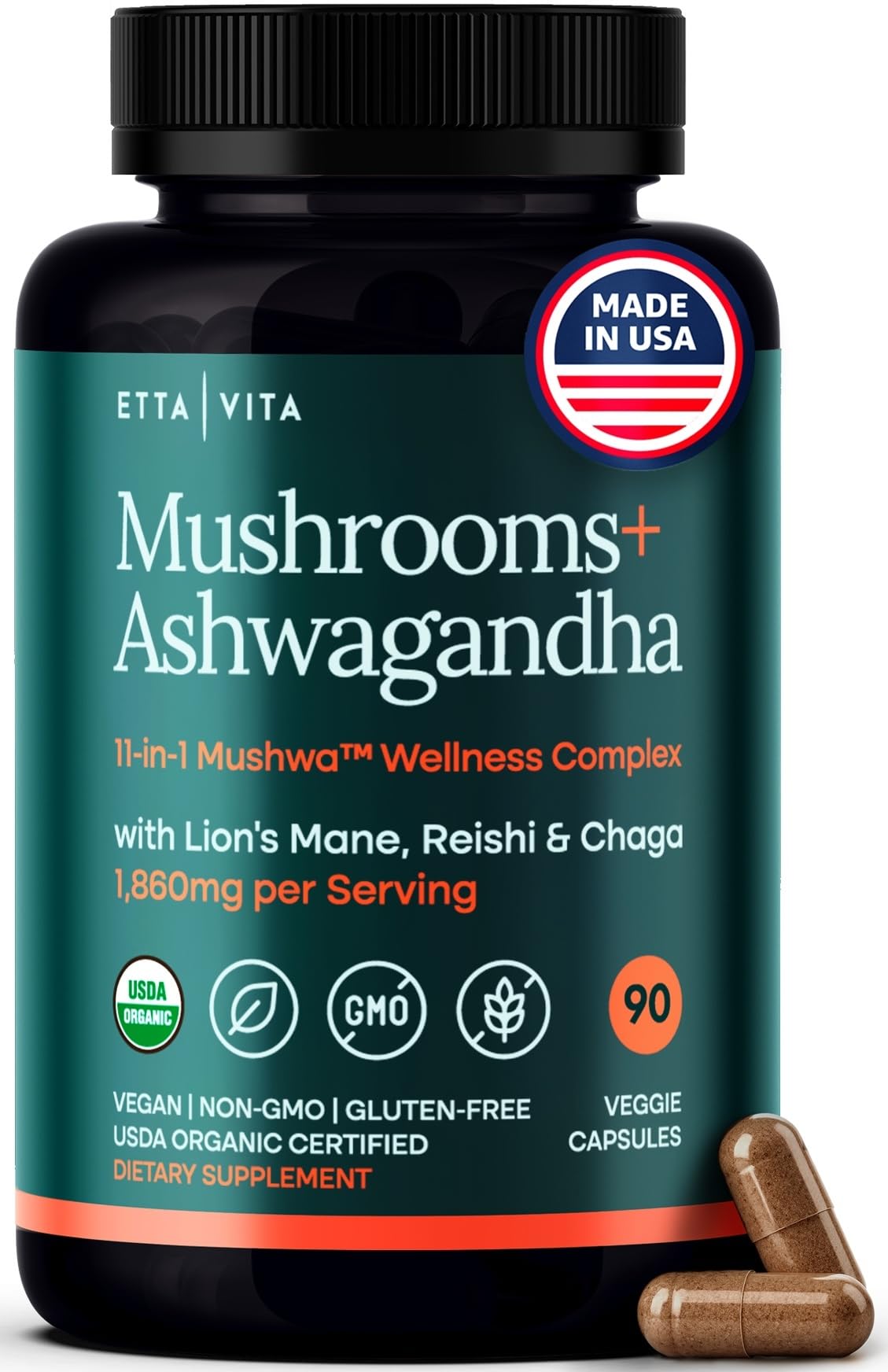 USDA Organic Lion's Mane + Ashwagandha: 10x Mushroom Complex (18,600mg/serv) for Focus & Immunity