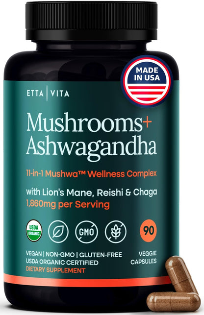 USDA Organic Lion's Mane + Ashwagandha: 10x Mushroom Complex (18,600mg/serv) for Focus & Immunity