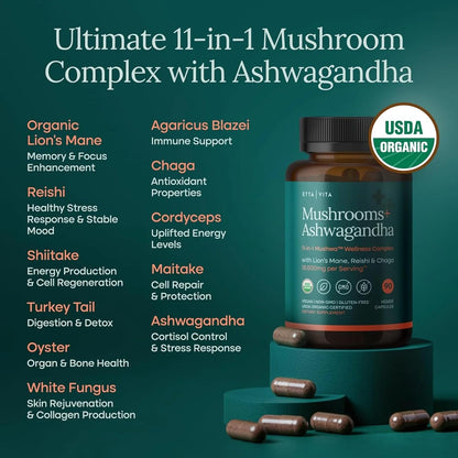 USDA Organic Lion's Mane + Ashwagandha: 10x Mushroom Complex (18,600mg/serv) for Focus & Immunity
