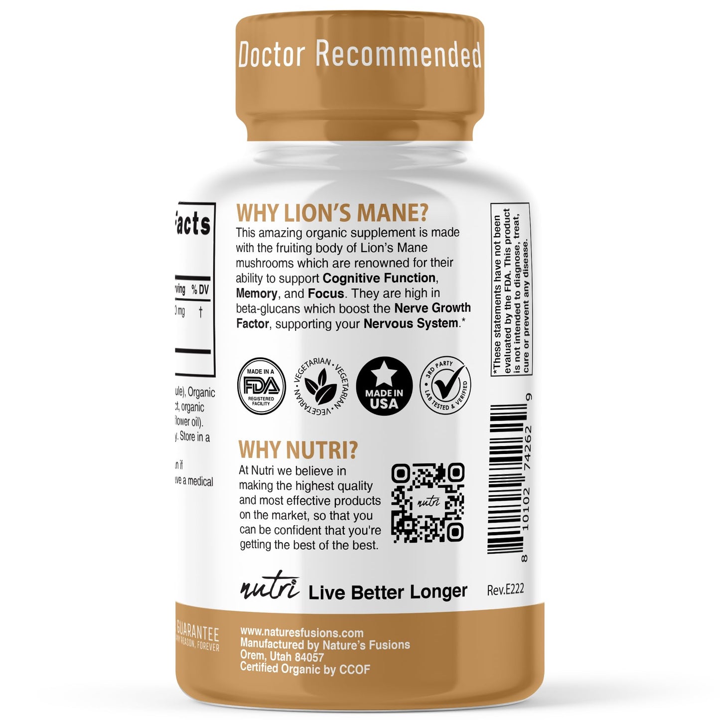 Nutri Organic Lion's Mane - 1900 mg, 120 Count, 10:1 Dual Extraction