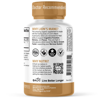 Nutri Organic Lion's Mane - 1900 mg, 120 Count, 10:1 Dual Extraction