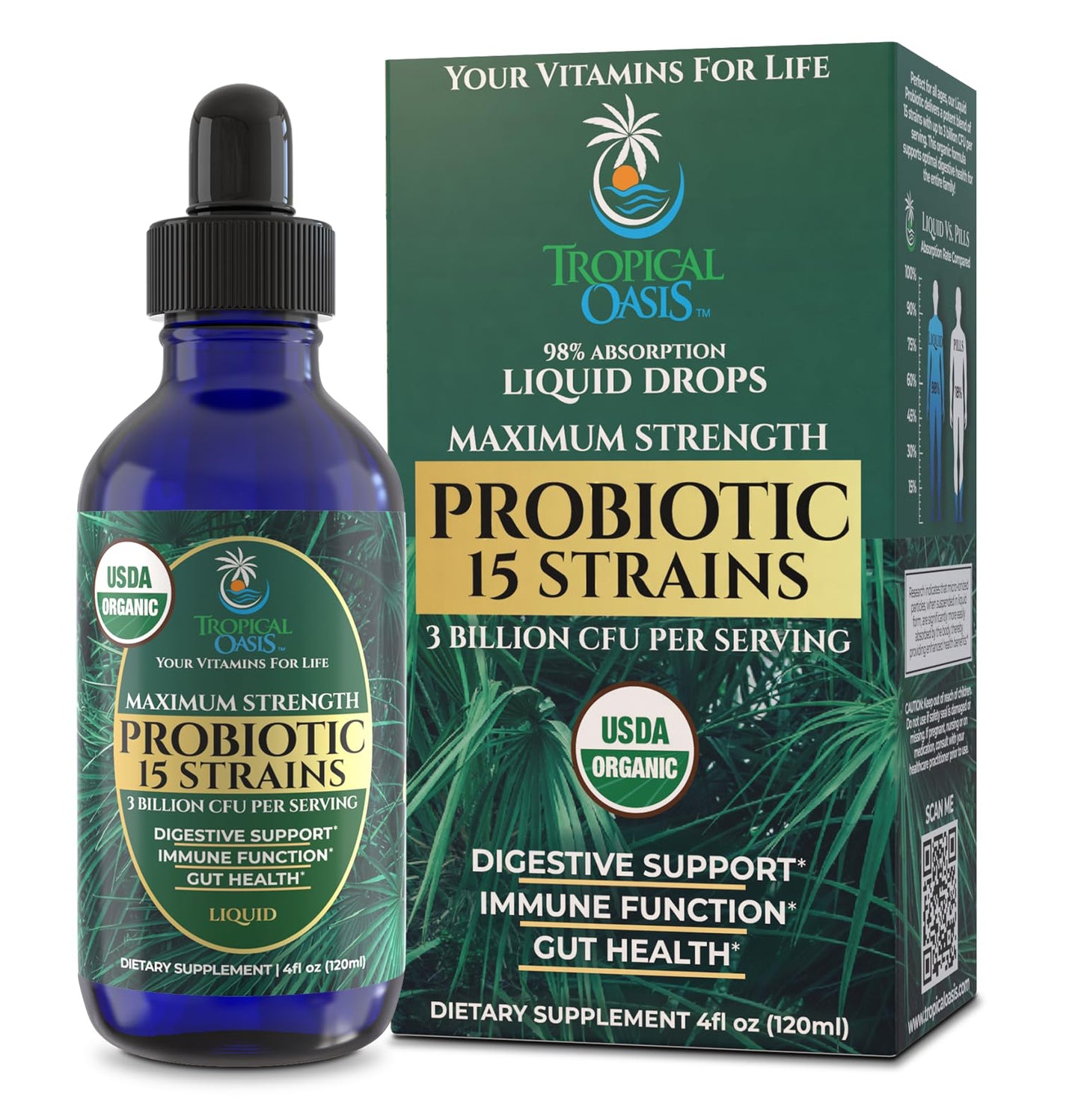 USDA Organic Liquid Probiotics for Men, Women & Kids – 15 Strains, 3B CFU, 98% Absorption, Vegan