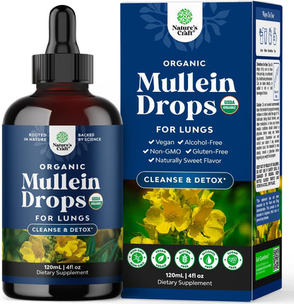 USDA Organic Mullein Drops for Lungs - Breathing Support & Lung Detox (120ml)